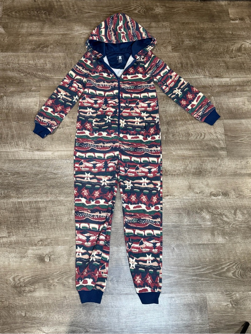 Savage X Fenty one piece kids size L (10-12) multicolor camo fleece hooded slee